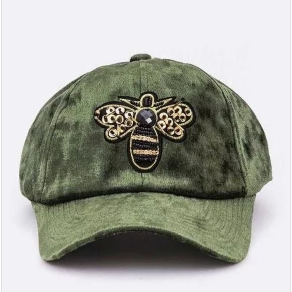 J. Elise Boutique Burgundy Golden Bee Patch Distressed Velour Velvet Fitted Cap - Picture 4 of 12